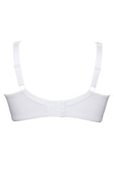 Hvid plussize-bøjle-BH med justerbare stropper og dekorative detaljer på kanten.