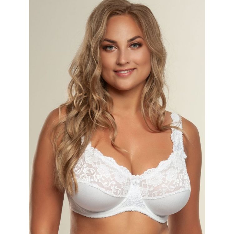 Elegant hvid blonde-BH i plussize med bøjle og dekorative stropper, optimal tilbehør til outfits i store størrelser.