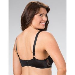 Sort blonderet plussize BH med justerbare stropper og lukning bagpå set fra siden.