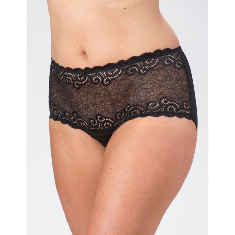 Sorte blonder plussize trusser med dekorativ kant og mønster detaljer, komfortabel pasform.