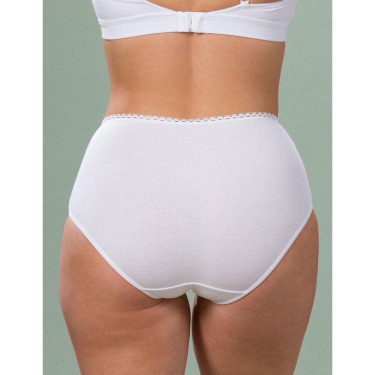 Hvid plussize trusse med dekorativ kant, højtaljet design og komfortabel pasform.