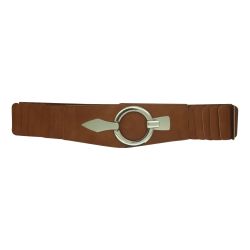 Brun læderbælte med en stor cirkulær sølvspænde, moderne design.