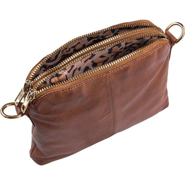 Crossbody Clutch i Mørk Cognac Skind med 2 rum