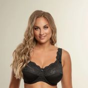 Sort plussize blonde-BH med bøjle og dekorativt design, velegnet til hverdagsbrug og støtte.