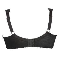 Sort plussize BH med detaljeret tekstur, bred støtte og justerbare stropper, velegnet til store størrelser.