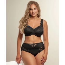Plussize sort blondeundertøjssæt med højtaljede trusser og matchende bh.