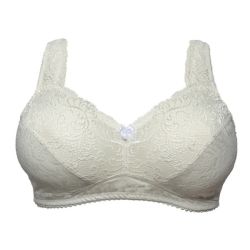 Plussize blonde-bh uden bøjle med bredsiddende stropper og en dekorativ sløjfe i midten, i en elegant cremefarve.