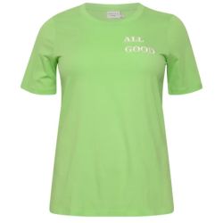 Limegrøn t-shirt i plusstørrelse med 'ALL GOOD' tryk foran, korte ærmer og rund halsudskæring.