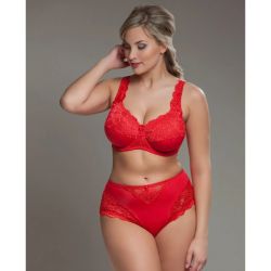 Rød plussize blonde trusse med matchende BH, elegant og komfortabelt design, ideel til hverdag og specielle anledninger.