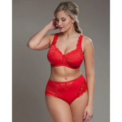 Elegant rød blonde-bh og matchende trusser i stor størrelse, designet til komfort og stil.