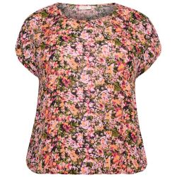 Plussize blomsterprintet t-shirt med korte ærmer og rund halsudskæring, velegnet til hverdag og arbejde.