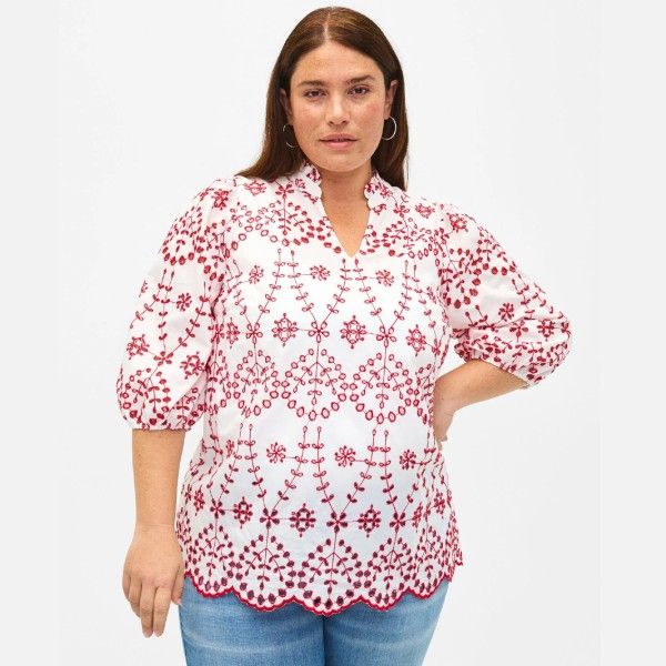 Bluse med kontrastfarvet broderi anglais