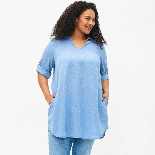 Kortærmet tunika i bomuldsmix med hør