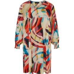 Farverig plussize kjole med abstrakt mønster, V-hals og lange ærmer, perfekt til forår og sommer kollektionen.