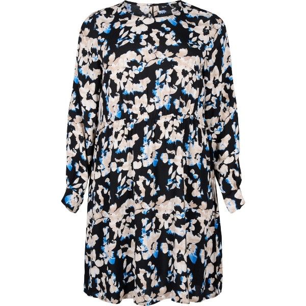 Plussize kjole med blomsterprint, i sort, blå og beige, perfekt til hverdag og fest. Stilfuld, komfortabel design i størrelser 42-60.