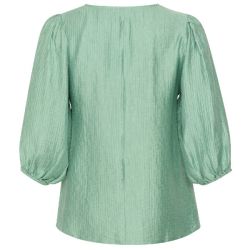 Plussize mintgrøn bluse med krølleeffekt og ballonærmer, velegnet til både hverdag og fest. Stilfuldt og komfortabelt valg for størrelser 42-60.