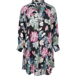 Elegant plussize skjortekjole med blomsterprint, ideel til hverdags- eller arbejdsbrug, tilgængelig i størrelser 42-60.