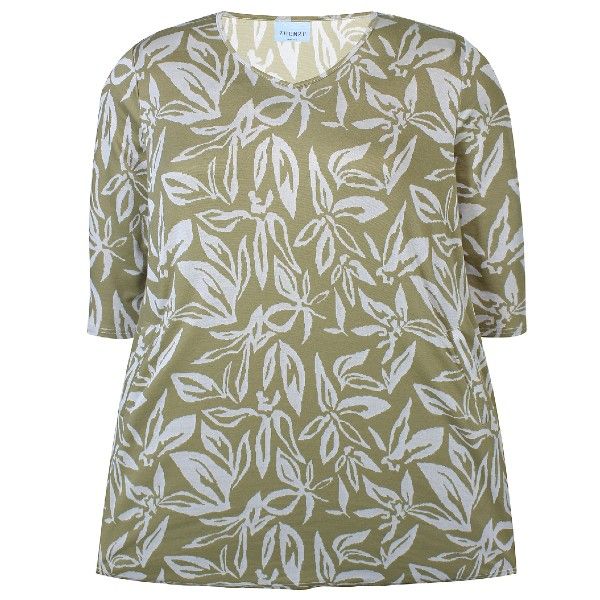 Olivengrøn plussize bluse med V-hals og hvidt bladprint, i let materiale, velegnet til hverdag og arbejde.