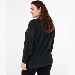 Plussize mørkegrå glimmertrøje med langt ærme set bagfra, velegnet til både hverdagsbrug og festlige lejligheder.