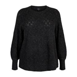 Sort striktrøje i plussize med rund hals og langærmet design, perfekt til hverdagsbrug.
