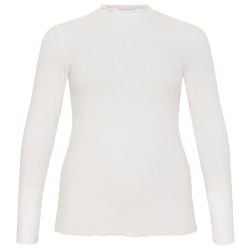 Langærmet hvid ribbet top med høj hals, til plussize mode i størrelser 42 til 60.