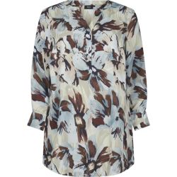 Plussize bluse med blomsterprint i brune og beige nuancer, lange ærmer og V-hals, størrelser 42-60.