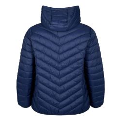 Navyblå quiltet jakke i plussize med høj krave uden synlig model.