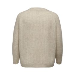 Beige plussize striktrøje i finmasket design, set bagfra, på en hvid baggrund.