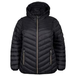 Sort quiltet jakke med hætte og lynlås, stiklommer med lynlås til plussize mode.