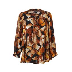 Plussize grafisk mønstret bluse med lange ærmer, snøre ved halsen og afslappet pasform. Ideal til stilbevidst garderobe.