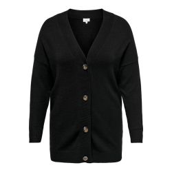 Sort, langærmet cardigan med knaplukning foran og ribkant, velegnet til plus-size mode.