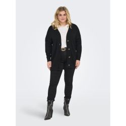 Sort cardigan med bukser og bælte, kombineret med hvid top og ankelstøvler for et elegant plussize outfit.