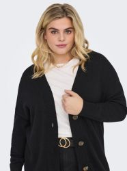 Sort strikcardigan med guldfarvede knapper og hvid t-shirt, stilfuld hverdagstøj til plussize.