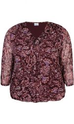 Plussize blomsterprint bluse i burgunder med V-udskæring og 3/4-ærmer, tilgængelig i størrelser 42-56. Optimal til hverdagsbrug.
