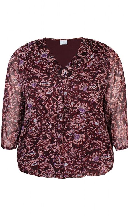 Plussize blomsterprint bluse i burgunder med V-udskæring og 3/4-ærmer, tilgængelig i størrelser 42-56. Optimal til hverdagsbrug.