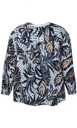 Plussize bluse med blomsterprint i blå og beige nuancer, trekvartærmer og rund halsudskæring, velegnet til hverdagsbrug.