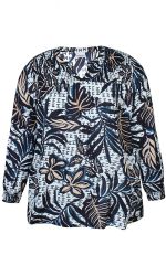 Mønstret plussize bluse med lange ærmer og elastisk halsudskæring, i farverne blå og brun, størrelse 42-56.