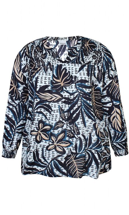 Mønstret plussize bluse med lange ærmer og elastisk halsudskæring, i farverne blå og brun, størrelse 42-56.
