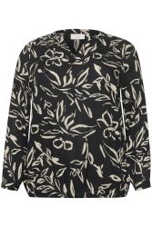 Sort og beige mønstret plussize bluse med lange ærmer og rund halsudskæring, tilgængelig i størrelser 42-56.