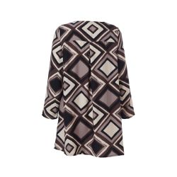 Plussize kimono jakke med geometrisk mønster i brune og beige nuancer, trekvartærmer, uden model.