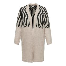 Beige og sort zebramønstret cardigan i plussize, lang åbenstående med ribkant.