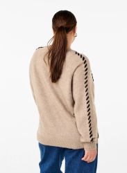 Beige striktrøje med knapdetaljer på ærmet og blå jeans set bagfra.