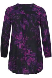 Plussize mørkelilla blomstermønstret skjortebluse med lange ærmer og yndefuldt fald, perfekt til enhver anledning.