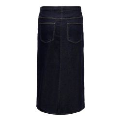 Plussize denimnederdel i mørkeblå med kontrastsømme og baglommer, egnet til hverdags- og arbejdstøj.