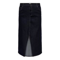 Denim nederdel i plusstørrelse med split foran og kontrastsømme, velegnet til casual og smart-casual påklædning.