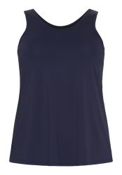 Marineblå ærmeløs top i plussize med rund halsudskæring, A-formet silhuet og komfortabel pasform. Perfekt til lag-på-lag stil.