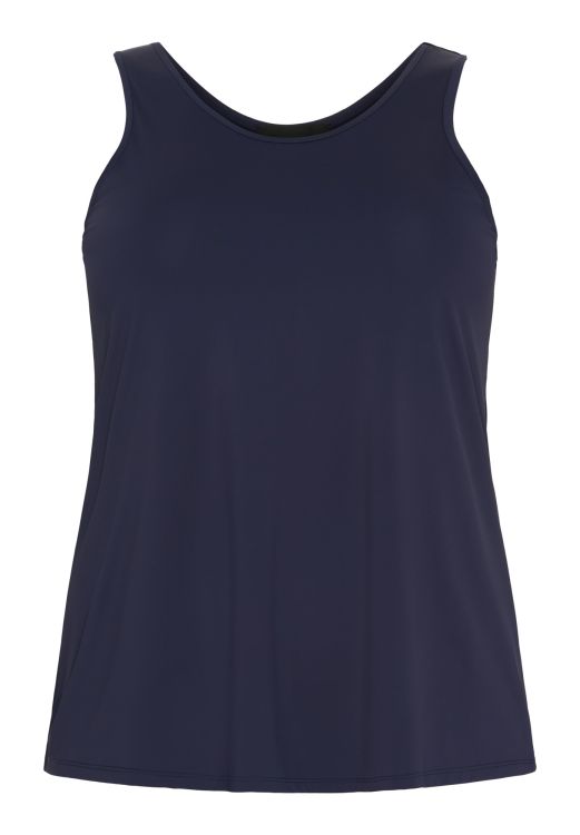 Marineblå ærmeløs top i plussize med rund halsudskæring, A-formet silhuet og komfortabel pasform. Perfekt til lag-på-lag stil.