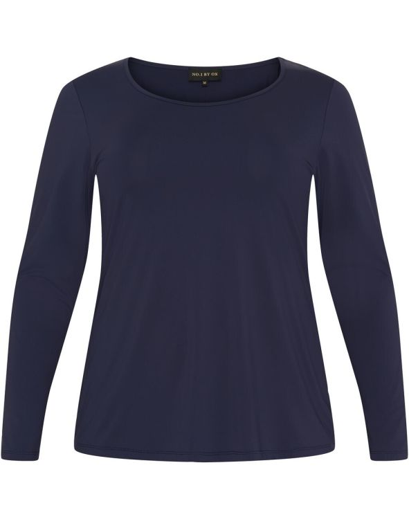 Mørkeblå langærmet bluse i plussize med rund halsudskæring, velegnet til hverdagsbrug og kontor.