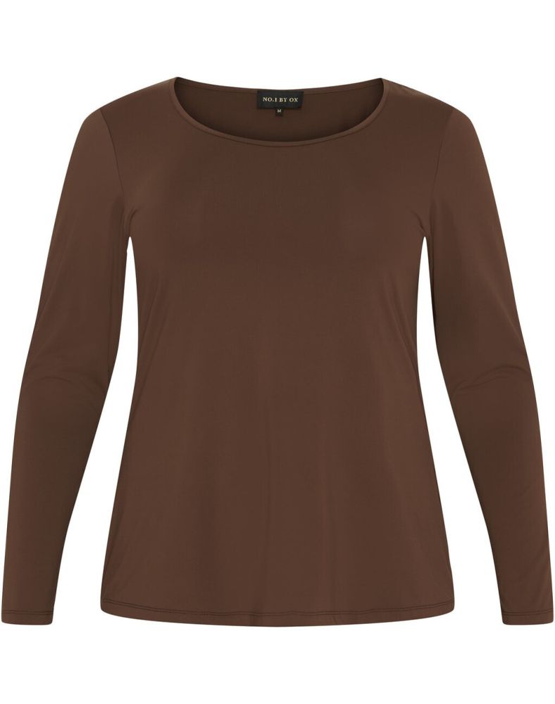Brun langærmet plussize T-shirt i enkelt design, velegnet til hverdag og arbejde.
