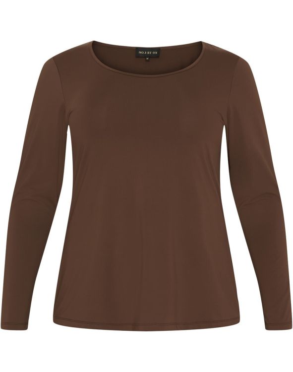 Brun langærmet plussize T-shirt i enkelt design, velegnet til hverdag og arbejde.